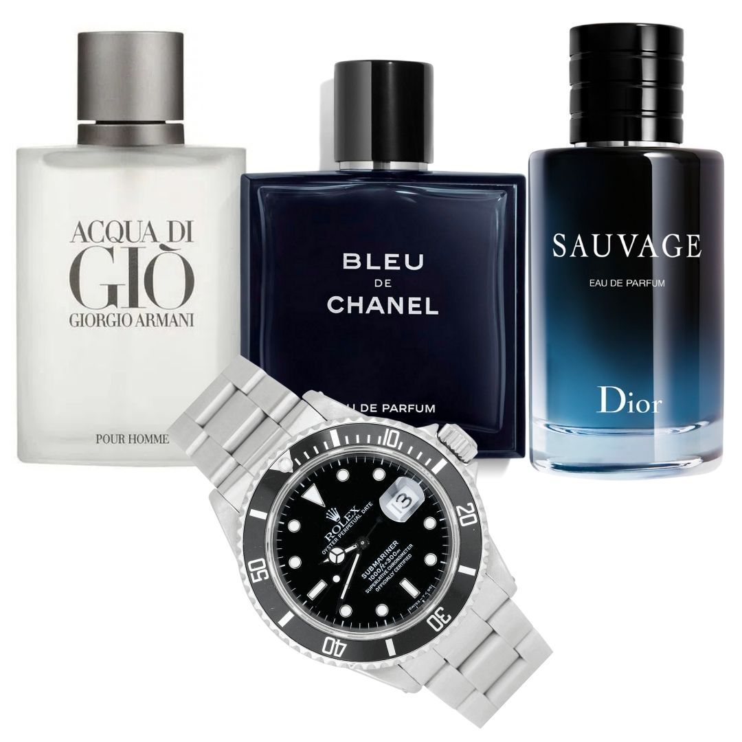 KIT PERFUMES 1.1 (X3 ACQUA DI GIO 100 ML + BLEU CHANEL 100 ML + SAUVAGE 100ML) + RELOJ ROLEX SUBMARINER PLATA NEGRO